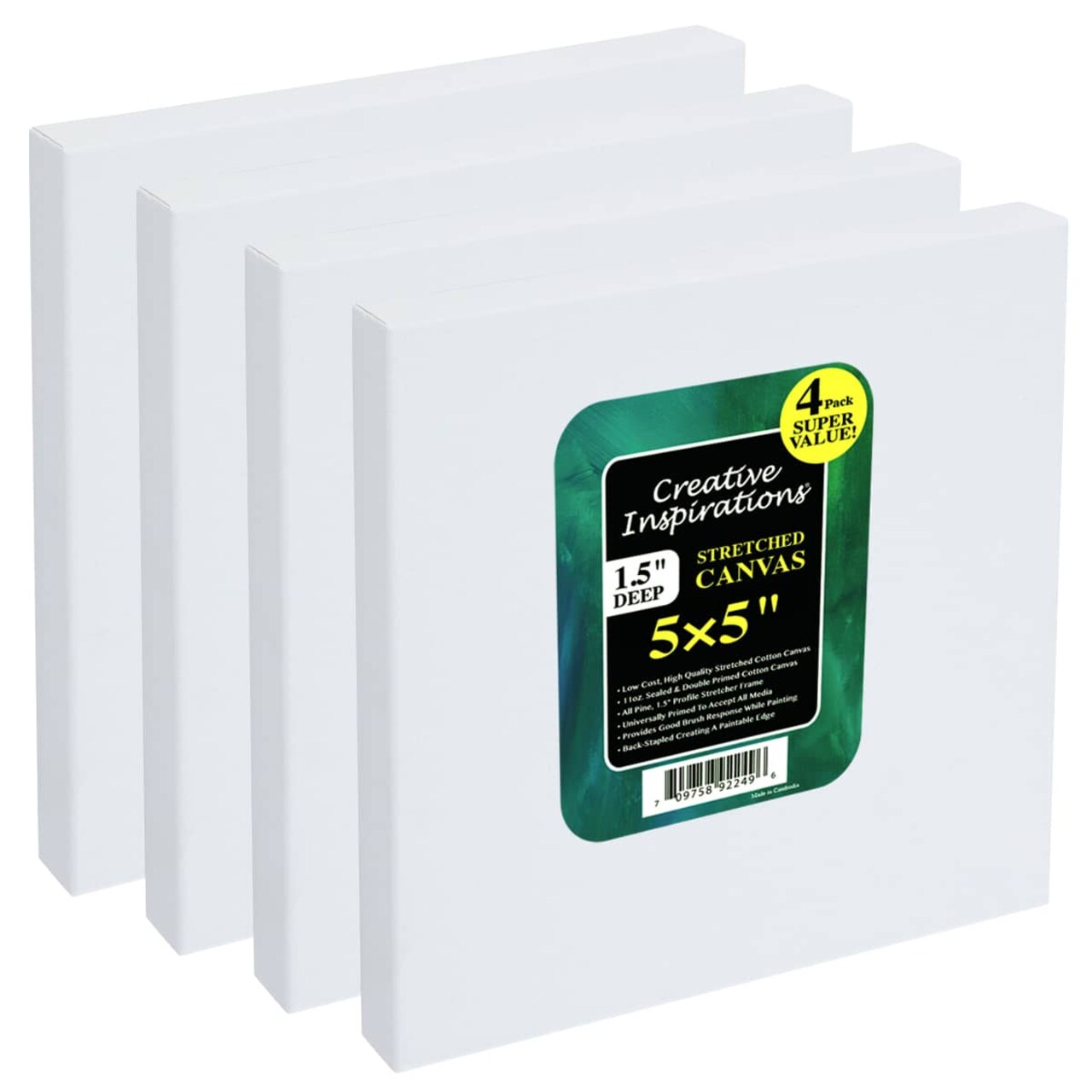 Creative Inspirations Stretched Canvas for Painting- 1-1/2" Deep, 4-Pack, 11oz Sealed & Double-Primed Cotton Canvases, Pine Stretcher Frame, Archival All-Media Primer - Alkyd, Acrylic & Oil Painting